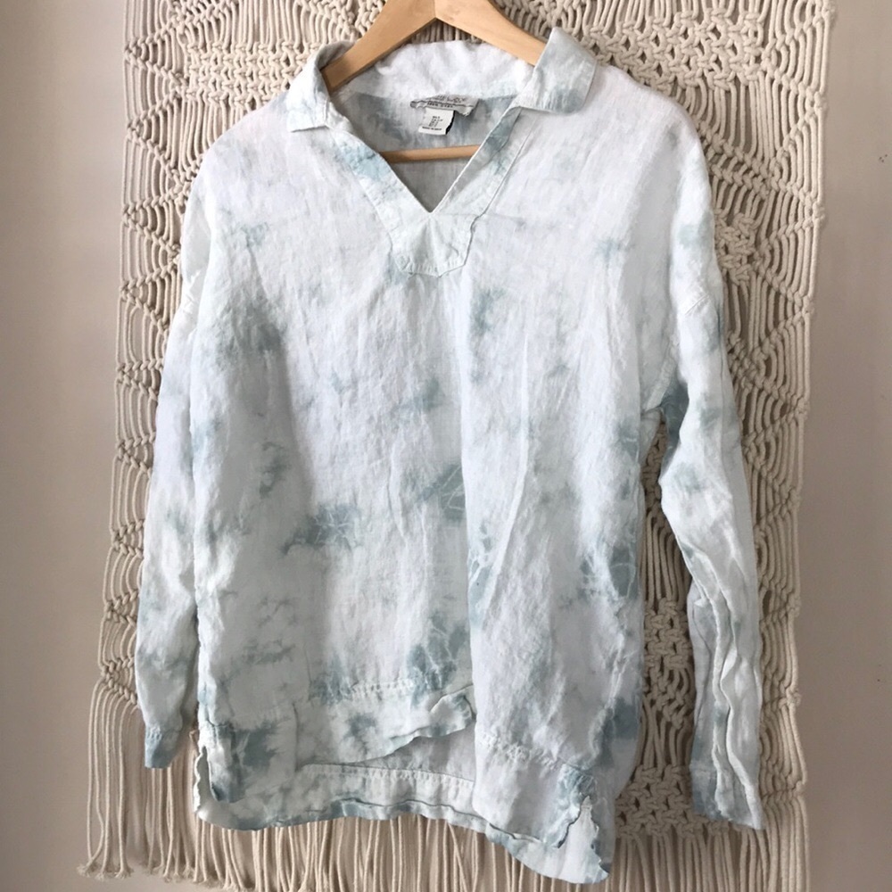 Rachel Zoe 100% linen blue& white tie dye blouse tunic cut blouse top sz…